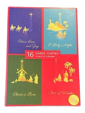 16 Ct Holiday Cards & Envelopes Set with 4 religious Christmas designs